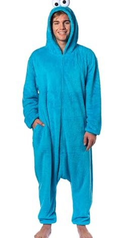 Sesame Street Character Adult Union Suit Kigurumi Hooded 1 Piece Pajama Men Women (Cookie Monster, Large/X-Large)