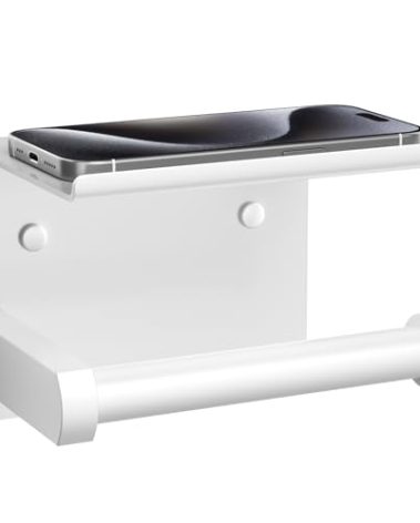 Tindbea Toilet Paper Holder with Phone Shelf, Adhesive or Screw Wall Mount Toilet Tissue Roll Holder, Rustproof & Multifunctional Stainless Steel Bathroom Storage Dispenser (White)