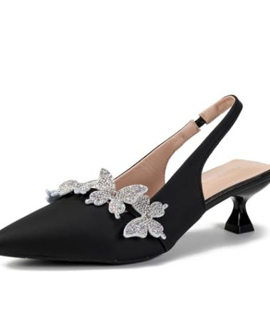 Women's Rhinestone Butterfly Slingback Kitten Heels - Pointed Toe Dress Shoes for Wedding Guest, Cocktail Party, Prom, Evening or Formal Events - Elegant Slip-On Low Heels for Women (Black, Adult, Women's, 7, Digital, US Shoe System, Medium (Medium))