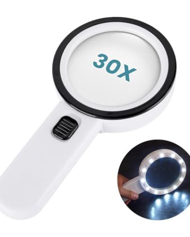 Yerepk 30X Magnifying Glass with Light, Handheld Magnifier Lighted Magnifying Glass with 12 LED Light, Ideal Gift for Seniors, Macular Degeneration, Low Visions Inspection Coins Jewelry