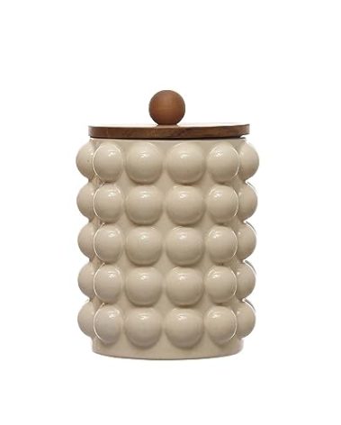Creative Co-Op 5.75 Inches Round Stoneware Canister with Raised Dots and Acacia Wood Lid, White and Natural