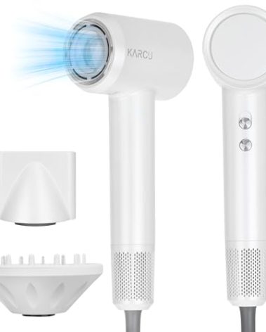 KARCU Ionic Hair Dryer with Diffuser and Concentrator, Compact Blow Dryer with 4 Heat and 2 Airflow Settings, 120000 RPM High Speed Motor, White