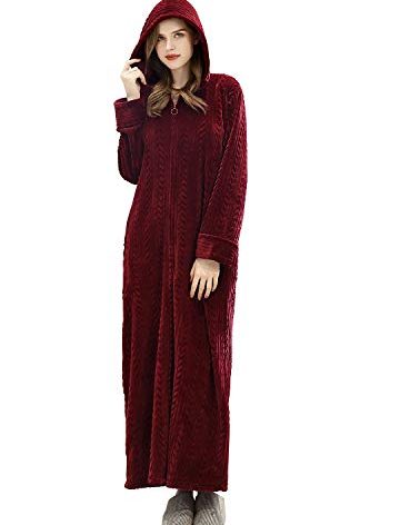 Hellomamma Long Hooded Zipper Bathrobe for Womens Flannel Fleece Robes Winter Warm Housecoat Nightgown Sleepwear Pajamas Wine Red L-XL