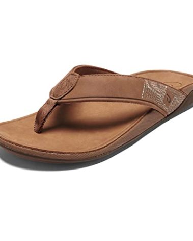OLUKAI Tuahine Men's Waterproof Leather Sandals, Versatile Beach Flip Flops, Arch Support & Comfort Fit, Lightweight & Durable, Enhanced Grip & Traction, Toffee/Toffee, 9