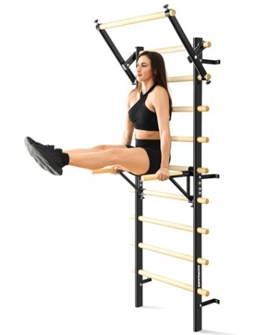 GymYard Swedish Ladder, Wood Stall Bar, Swedish ladders Wall Gym Adult, Adjustable Station for Adults and Kids, 9-Anchor Solid Pine, Home Fitness