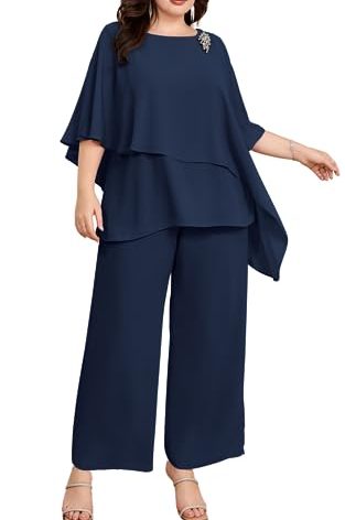 Hanna Nikole Womens Pantsuits Dressy for Wedding Guest 3/4 Sleeve Chiffon Pantsuit 2 Piece Outfits 2024 Navy Blue L