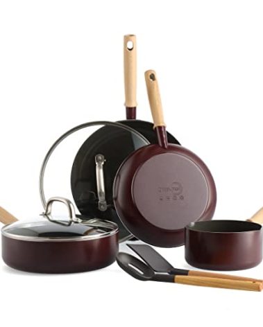 GreenPan Hudson Healthy Ceramic Nonstick, 8 Piece Cookware Pots and Pans Set, Vintage Wood Inspired Handle, PFAS-Free, Dishwasher Safe, Merlot Red