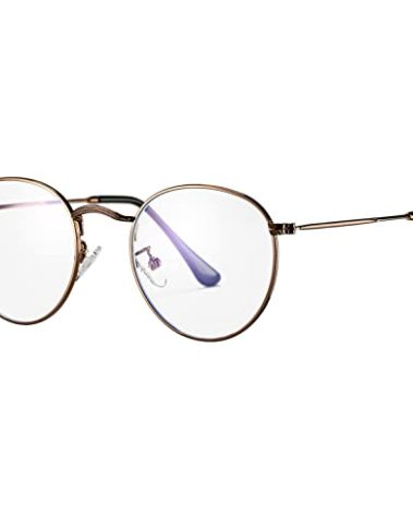 HJSTES Round Blue Light Glasses for Women Men Retro Circle Clear Lens Metal Frame Eyeglasses (Brown)