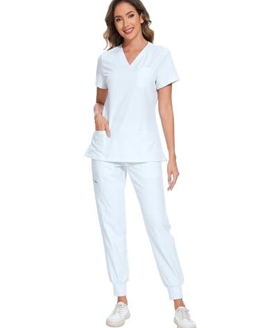 COZYFIT Scrubs for Women Set - Stretch V-Neck Scrub Top & Jogger Pant with 8 Pockets, Yoga Waistband, Anti Wrinkle, Slim Fit Women Scrubs - Saltwater Slide, M