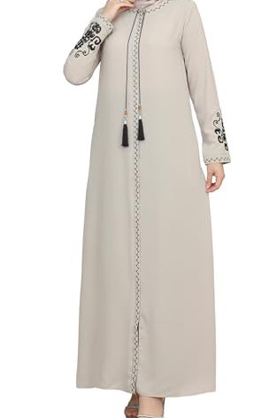 istanbul styles Women's Embroidered Sleeves Abaya and Embroidered On The Side of The Zipper Long Sleeve Floor Length Turkish Islamic Fashion (Beige, 3X-Large)