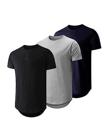 JMIERR Men's 3 Pack Cotton Hipster Hip Hop Longline Crewneck T-Shirt, Short Sleeve Gym Workout Athletic T Shirts for Men Pack,4XL, Black/Light Grey/Navy Blue