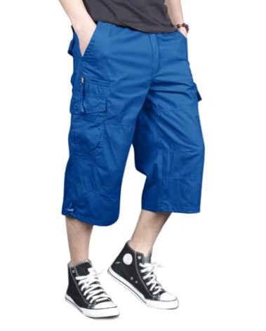 MAGNIVIT Mens Capri Long Twill Cargo Shorts Below Knee 3/4 Cargo Shorts Cotton Relaxed Fit Casual Multi-Pocket ColouredBlue 33