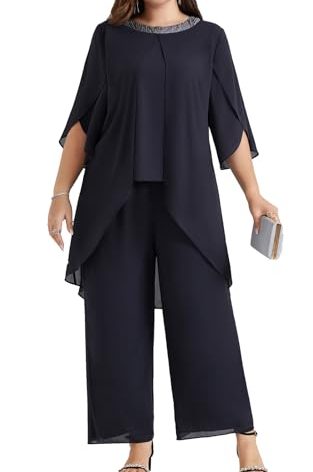 Hanna Nikole 3/4 Sleeve Mother of The Bride Pants Suits for Wedding 2 Piece Sequined Neck Chiffon Pant Set Dark Gary 18W