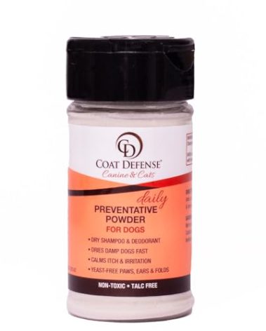 COAT DEFENSE Preventative Powder | Made in USA | 3.5oz Waterless Dog Shampoo & Pet Deodorizer for Smelly Dogs | Provides Anti Itch Relief | Dog Shampoo for Dry Itchy Skin & Smelly Dogs