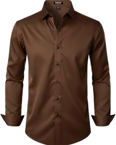JEMITOP Men's Stretch Wrinkle Free Dress Shirts Formal Wedding Prom Long Sleeve Button Down Shirt Brown M