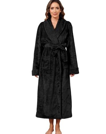 Hellomamma Long Bath Robe for Womens Plush Soft Fleece Bathrobes Nightgown Ladies Pajamas Sleepwear Housecoat Black L-XL