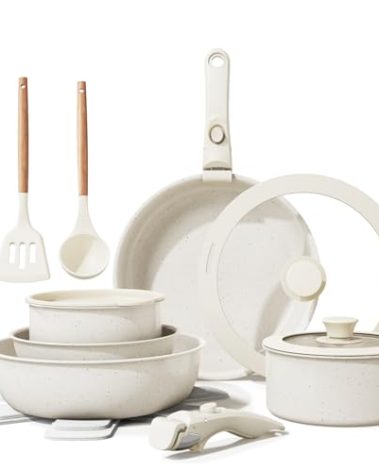 Bazova Ceramic Nonstick Cookware Set, Healthy,Non Toxic,17-Pieces Pots and Pans Set Removable Handles,Induction RV Kitchen Set,Stain & Scratch-resistant,Dishwasher/Oven Safe,PFAS/PFOA Free,Cream White