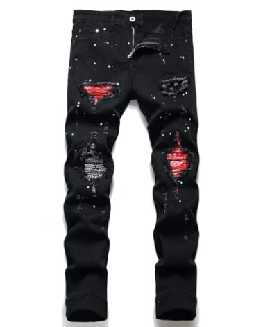 OIIIO Men's Patch Ripped Stretch Regular Fit Jean (38, Black-6616)