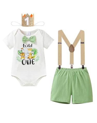 WOLBAY First Birthday Outfit Boy One Birthday Decorations Birthday Crown Hat Baby Bow Tie Romper Onesie Bib Overall(Green, 9-12 Months)
