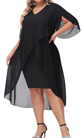 Hanna Nikole Plus Size Black Dress for Women Ruffle 3/4 Sleeve Chiffon Layered Dress for Party Wedding 24 Plus