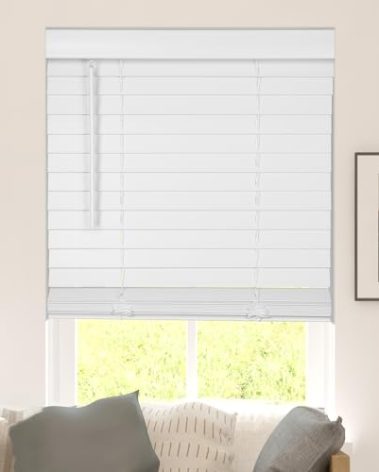CALYX INTERIORS Faux Wood Blinds with Classic Valance, Cordless, 2" Slat, 34" W x 60" H, Blinds for Indoor Windows, Room Darkening Window Blinds for Home Interior Windows and Doors, Pure White