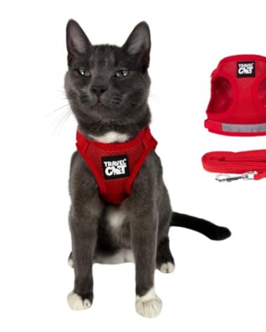 Travel Cat Harness and Leash Set - Adjustable Fit Mesh Cat Harness and Reflective Strap - Comfort Walking Vest for Kitten for Outdoor Walking, Hiking (Extra Small, Red)