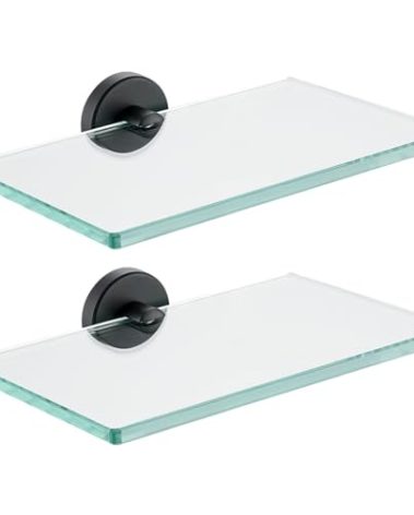 JQK Bathroom Glass Shelf Black, Tempered Glass Shower Storage 8 by 5 inches, 304 Stainless Steel Matte Black Wall Mount 2 Pack, TGS101L8-PB-P2