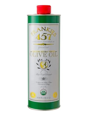 Frankies 457 Organic Extra Virgin Olive Oil - Premium Castelvetrano Olive Oil - Harvested in Sicily - Pure Authentic Italian - Monovarietal - Rich in Flavor - First Cold Pressed - 33.8 fl oz (1 L)