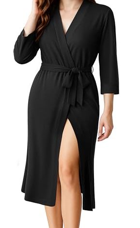 NY Threads Women's Robe Long Knit Bathrobe 3/4 Sleeves Soft Kimono Lightweight Loungewear, XX-Large, Black