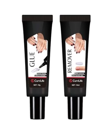 Curvlife Newly Upgraded Quick Drying 10g Semi Solid Nail Glue with 10ml Remover for Press On Nails Tips No Need for UV Lamp Long Lasting Fake Acrylic Nails Kit Glue Gel