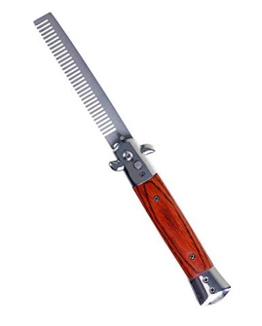 Switchblade Comb Pocket Knife Hair Brush Automatic Push Button Folding Barber (Wood Grain)