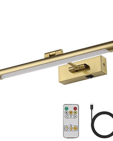 Joosenhouse Wireless Picture Light Battery Operated Rechargeable Picture Light 16.53in with Remote Control Dimmable and Timer Off Adjustable Swing Arm Brass LED Battery Spotlight for Picture Display