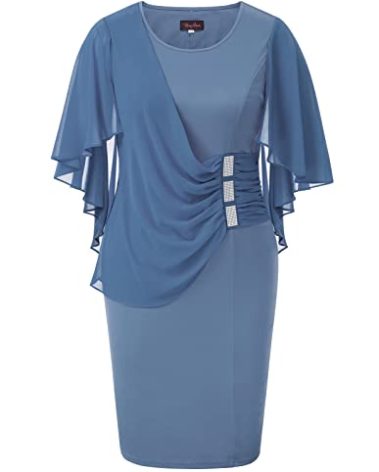 Womens Floral Chiffon Ruffle Flattering Cape Sleeve Overlay Cocktail Party Dress XL Bluish Grey