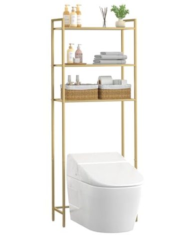 Homhedy Over The Toilet Storage, Metal 3-Tier Over-The-Toilet Bathroom Organizer Rack, Tempered Glass Shelves, Space-Saving, for Bathroom, Restroom, Laundry, Modern Style, Golden