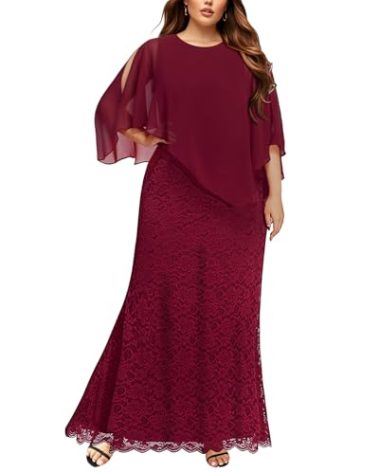 Burgundy Plus Size Dresses Women Wine Red Lace Long Bridesmaid Formal Evening Cape Gowns Mermaid Holiday Prom Dress 2024