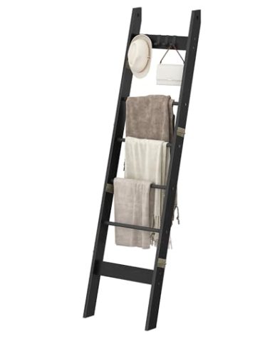 Hzuaneri Blanket Ladder for Living Room, Decorative Quilt Rack with 4 Removable Hooks, 6-Tier Farmhouse Ladder Holder Shelf Organizer for Bedroom, Black BR31504B