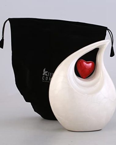Large White Teardrop Urn with Red Heart for Human Ashes Male - Urns for Adult Men and Women - Cremation Urns for Ash, Funeral/Burial Urns, Decorative and Keepsake ERN/Earns 2.5 LTR Volume
