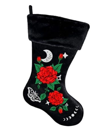 Hexonomy Black Christmas Stocking, Velvet and Faux Fur Trim - Red Roses Embroidery - Goth Hexmas Decor, Deluxe Gothic Xmas Decoration
