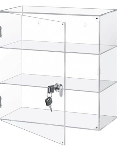 Barydat Acrylic Display Case with Lock Key Countertop Display Case Clear Showcase Display Cabinet Multi Functional Safe Storage Box for Retail Store (Fixed 3 Tier,15.7 x 15.7 x 7.8 Inch)