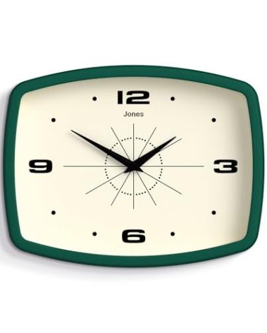 JONES CLOCKS® Movie Wall Clock | Rectangular Retro Clock | 10 inch | Dark Green | Cool mid-Century Designer Look for Kitchen, Living Room or Office