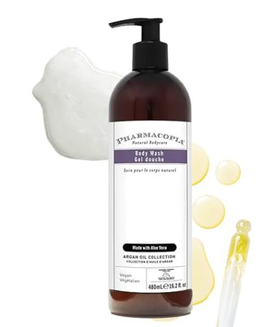 Pharmacopia Hotel Argan Oil Body Wash - Vegan Moisturizing Shower Gel with Aloe Vera, Coconut Oil and Green Tea Extract - Natural, Organic and Cruelty-Free Skin Care for Men and Women, 16.2 oz