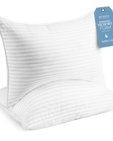 Beckham Hotel Collection Queen Size Memory Foam (Adjustable Fill) Bed Pillows Set of 2 - Cooling Shredded Foam Pillow for Back, Stomach or Side Sleepers