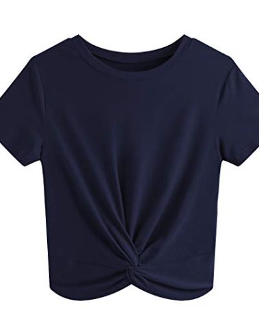 JINKESI Women's Summer Causal Short Sleeve Blouse Round Neck Crop Tops Twist Front Tee T-Shirt Navy Blue-Medium