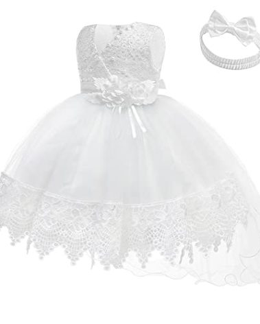 LZH Baby Girl White Dress, Birthday Dress for 1 Year Old Girl Baby Girl Party Dress First Baptism Elegant Party Dress Up