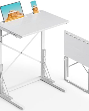 Evermagin 21''Wx28''H Folding TV Tray for Eating, Small Foldable C-Shaped Tray Table with Tablet and Phone Slots, Slide Under Couch Side Table for Recliner, Living Room, Bedroom, White