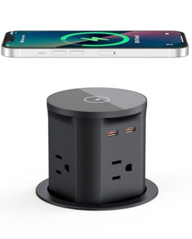 Pop Up Outlet for Countertop with 15W Wireless Charger, 20W USB C Fast Charging & 4 AC Outlet, 3.35” (85mm) Hole Desk Pop Out Outlet for Office, Conference, Kitchen Countertop(Black)