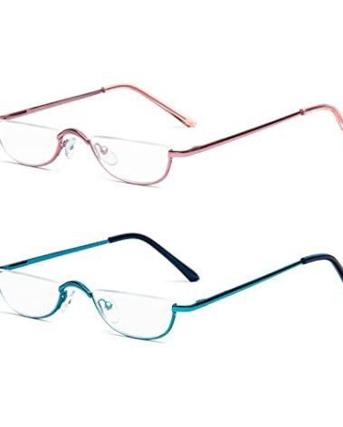 KoKoBin Half Reading Glasses,2 Pack Half Rim Metal Frame Glasses Spring Hinge Readers with Leather Pouch for Men and Women (Blue+Pink,2.00)