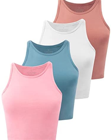 Kole Meego Crop Tops for Women Workout Cropped Tank Top Trendy High Neck Camisole Yoga Shirts Athletic Undershirts 4 Pack Coral/White/Blue/Pink S