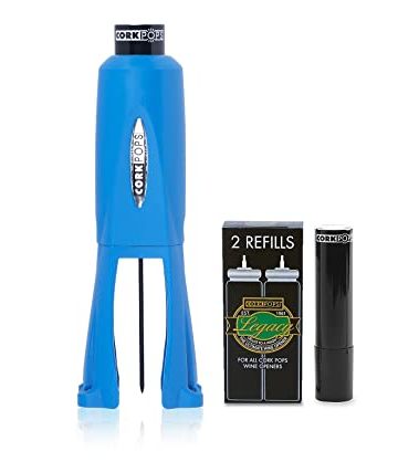 Cork Pops Legacy Wine Opener w/ 3 Refill Cartridges Built-in 4-Blade Foil Cutter Safe Cork Removal, Effortless Push Button Use, Needle Guard for Safety, Low-Pressure Cartridge Opens Up To 60 Bottles