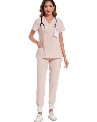 COZYFIT Scrubs for Women Set - Stretch V-Neck Scrub Top & Jogger Pant with 8 Pockets, Yoga Waistband, Anti Wrinkle, Slim Fit Women Scrubs - Light Khaki, 5XL